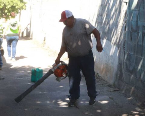 Trabajadores limpiando un callejón.
