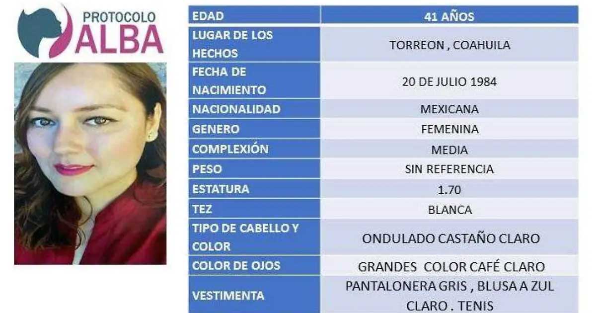 Ficha de búsqueda de mujer desaparecida en Torreón.