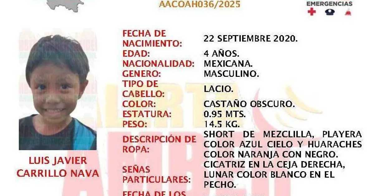 Ficha de búsqueda con la foto y los datos del niño sustraído en Viesca.