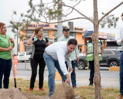 Alcalde de Saltillo Javier Díaz plantando un árbol junto con otros funcionarios.