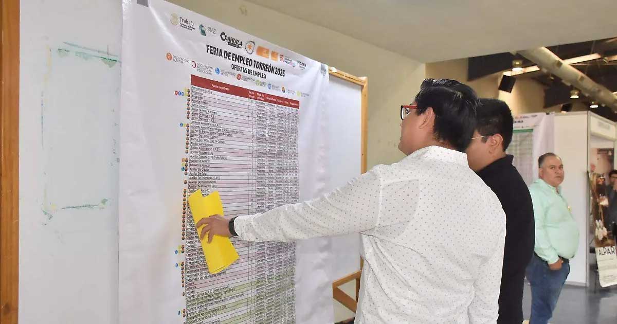 Buscadores de empleo viendo una lona con vacantes.