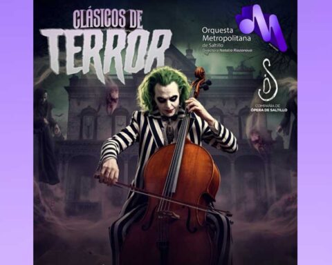 Promocional del concierto Clásicos de Terror con un actor disfrazado tocando un instrumento.