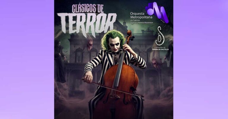 Promocional del concierto Clásicos de Terror con un actor disfrazado tocando un instrumento.