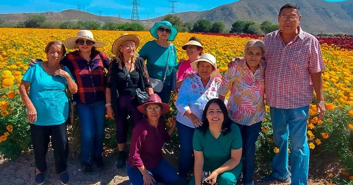 Participantes de taller en un campo de cempasúchil.