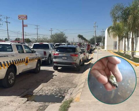 En grande, el exterior de la guardería acordonado; en un círculo, la pieza rota que causó la fuga de gas.