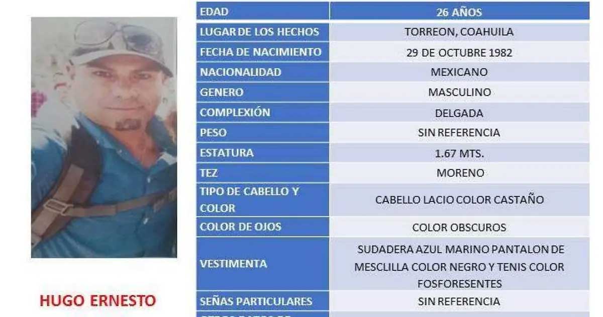 Ficha de búsqueda de hombre desaparecido en Torreón.