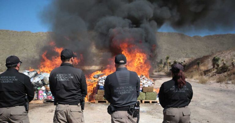 4 agentes de la AIC observando la incineración de narcóticos en Coahuila.
