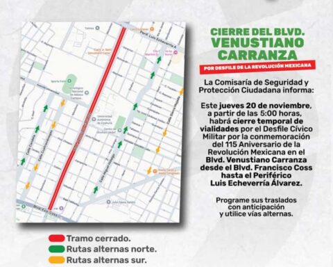 Imagen del mapa con los tramos cerrados a en Saltillo.