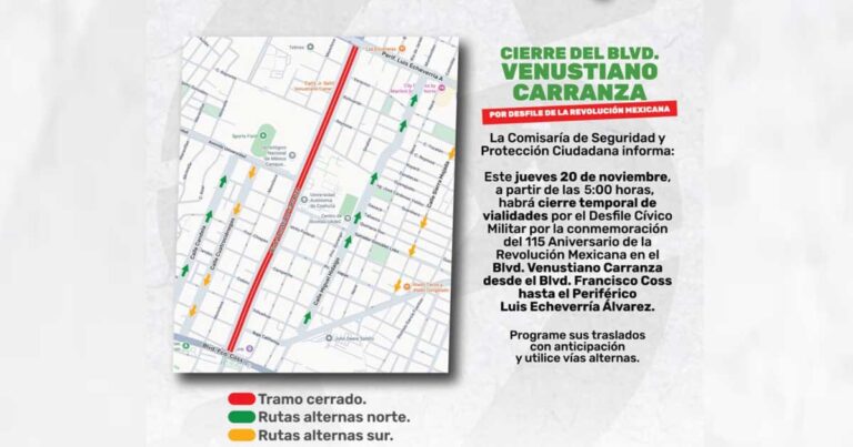 Imagen del mapa con los tramos cerrados a en Saltillo.