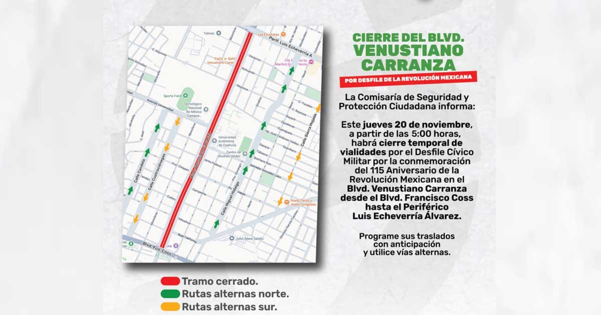 Imagen del mapa con los tramos cerrados a en Saltillo.