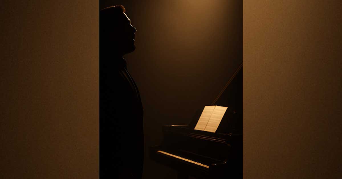 Silueta de un hombre frente a un piano.