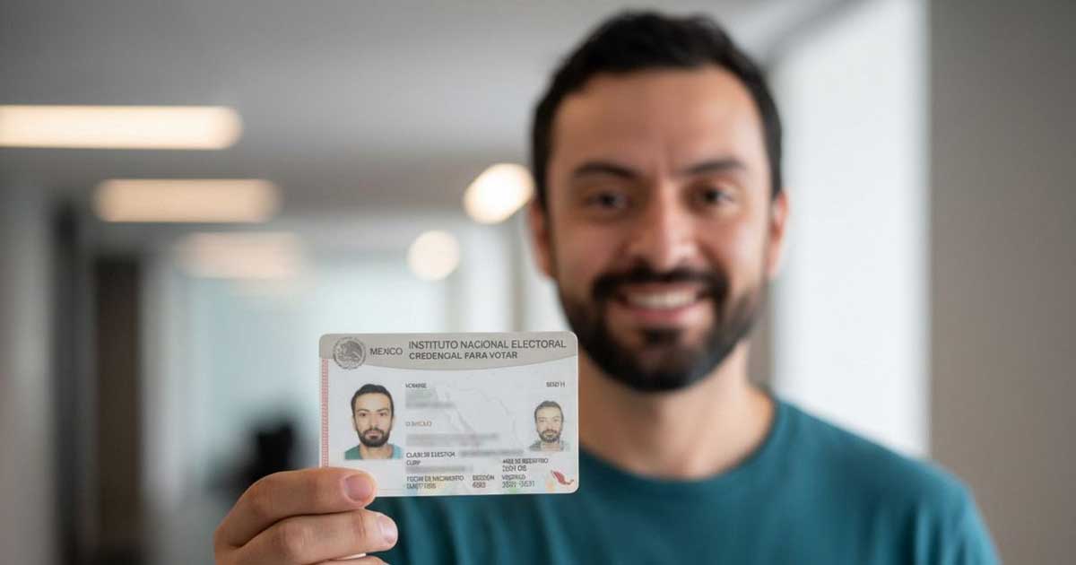 Hombre sosteniendo su credencial de elector.