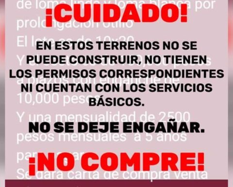 Mensaje de advertencia por fraude en venta de terrenos.