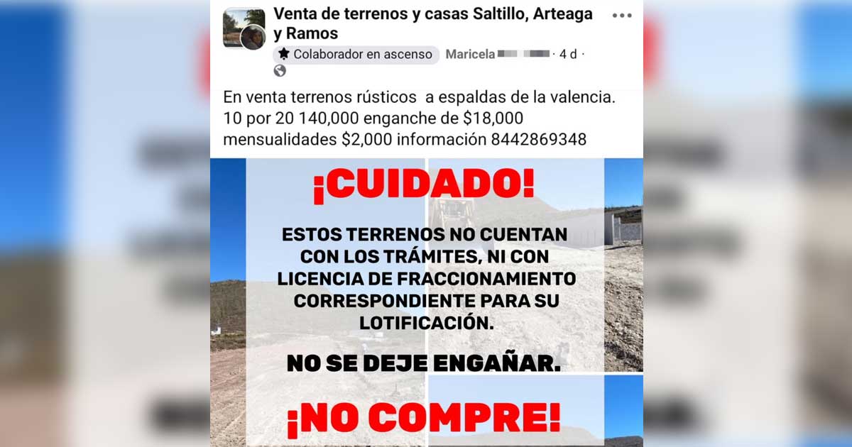 Publicación en Facebook de la venta de terrenos en Saltillo.