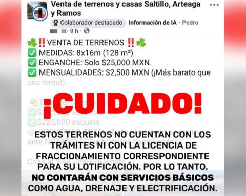 Alerta de publicidad para la venta de terrenos ilegales en Saltillo.