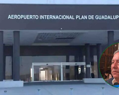 En grande, fachada del aeropuerto de Saltillo; dentro del círculo, Óscar Pérez Benavides, director del Servicio Estatal Aeroportuario.