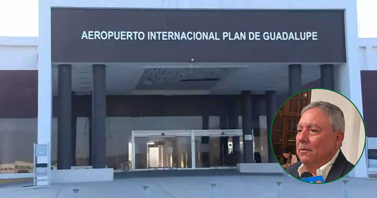 En grande, fachada del aeropuerto de Saltillo; dentro del círculo, Óscar Pérez Benavides, director del Servicio Estatal Aeroportuario.