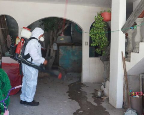 Hombre fumigando en una casa en Saltillo.