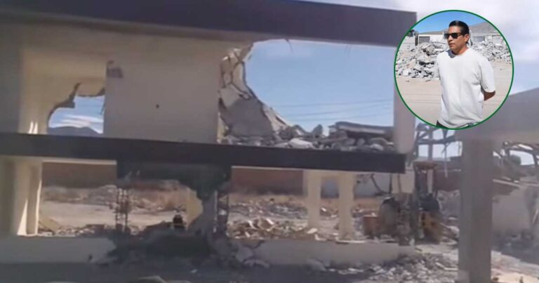 De fondo, la casa demolida por las fallas encontradas; en un círculo, el arqui Juve.