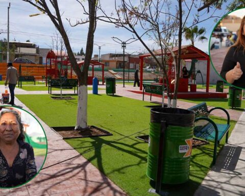 En grande, la plaza rehabilitada; en círculos, las vecinas de Ramos Arizpe.