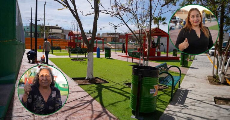 En grande, la plaza rehabilitada; en círculos, las vecinas de Ramos Arizpe.