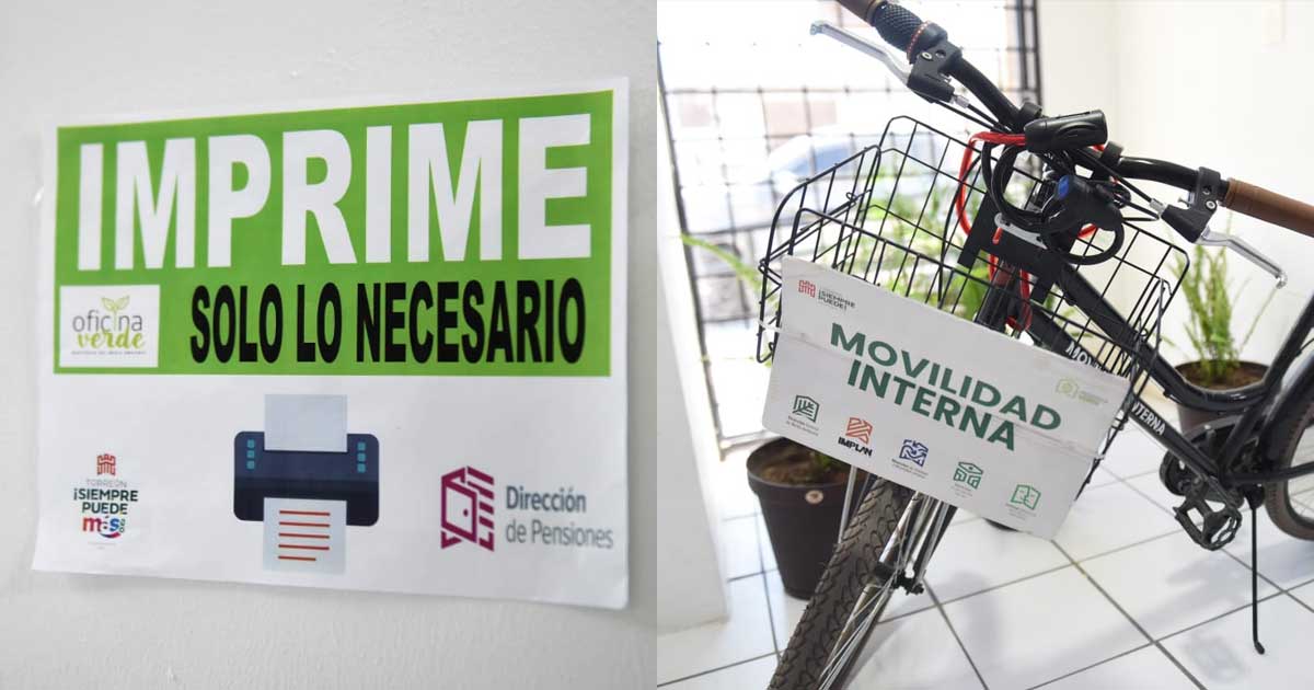 A a izquierda, un letrero que recomienda imprimir menos; a la derecha, una bicicleta para movilidad interna.