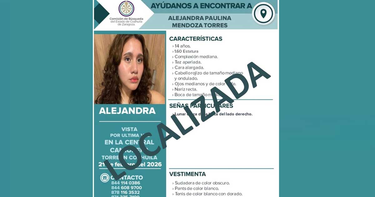 Ficha de búsqueda de jpven desaparecida y la leyenda de Localizada al frente.