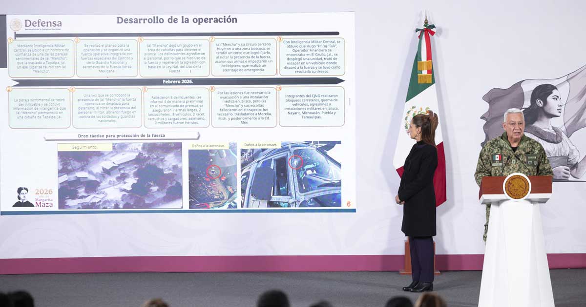 Ricardo Trevilla, secretario de Defensa, en la conferencia de prensa de la presidenta Claudia Sheinbaum explicando el operativo contra El Mencho.