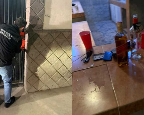 A la izquierda, personal municipal clausurando la entrada de la quinta; a la derecha, botellas de alcohol. encontradas en la quinta.