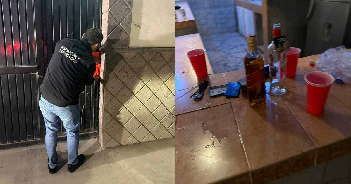 A la izquierda, personal municipal clausurando la entrada de la quinta; a la derecha, botellas de alcohol. encontradas en la quinta.