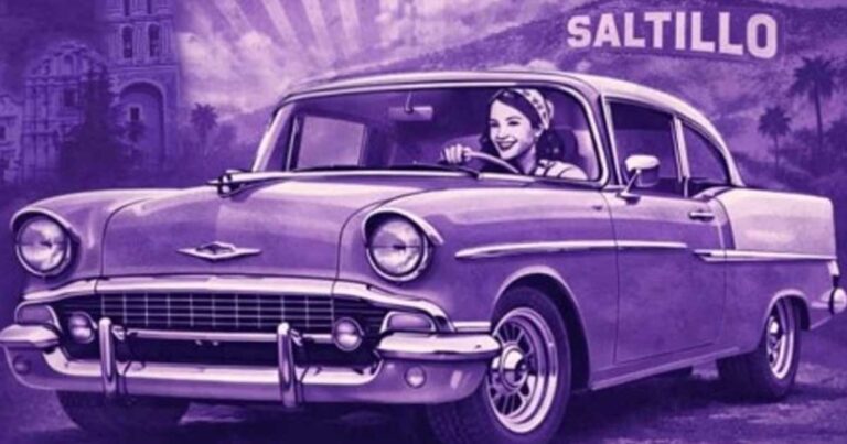 Publicidad con una mujer al volante de un auto clásico en fondo violeta.