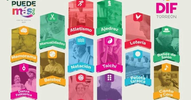Publicidad de los Juegos del Adulto Mayor con rostros y categorías en Torreón.