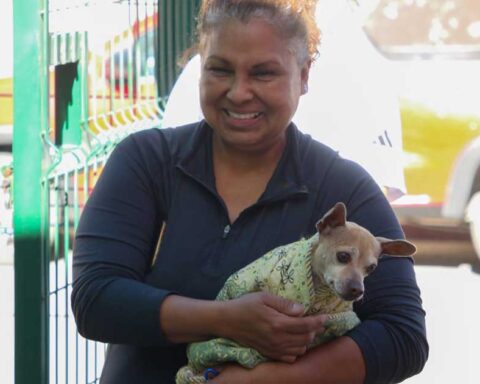 Una mujer cargando a un perro envuelto en una manta.