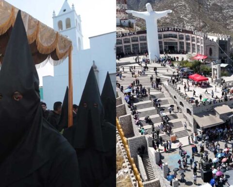 Del lado izquierda, la procesión de Viesca; del lado derecho, vista aérea del Cristo de las Noas y la multitud en el viacrucis en Torreón.