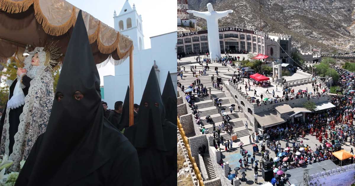 Del lado izquierda, la procesión de Viesca; del lado derecho, vista aérea del Cristo de las Noas y la multitud en el viacrucis en Torreón.