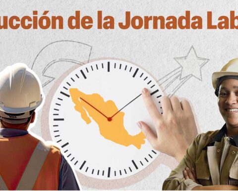 Trabajadores con un reloj en medio que tiene en su interior el mapa de México.
