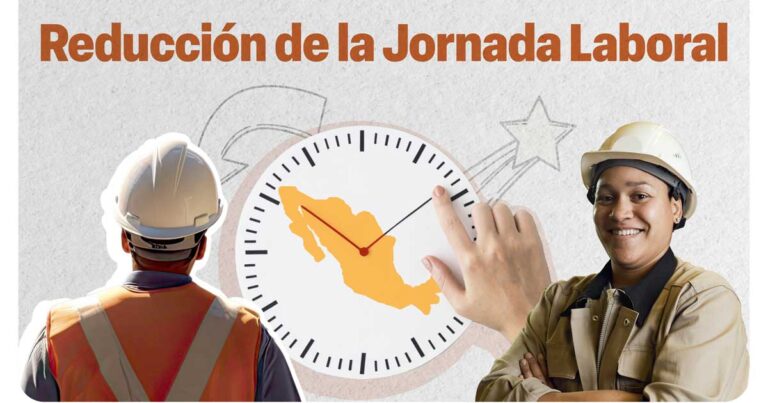 Trabajadores con un reloj en medio que tiene en su interior el mapa de México.