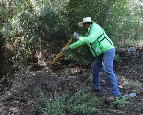 Trabajador limpiando un cauce en Saltillo.