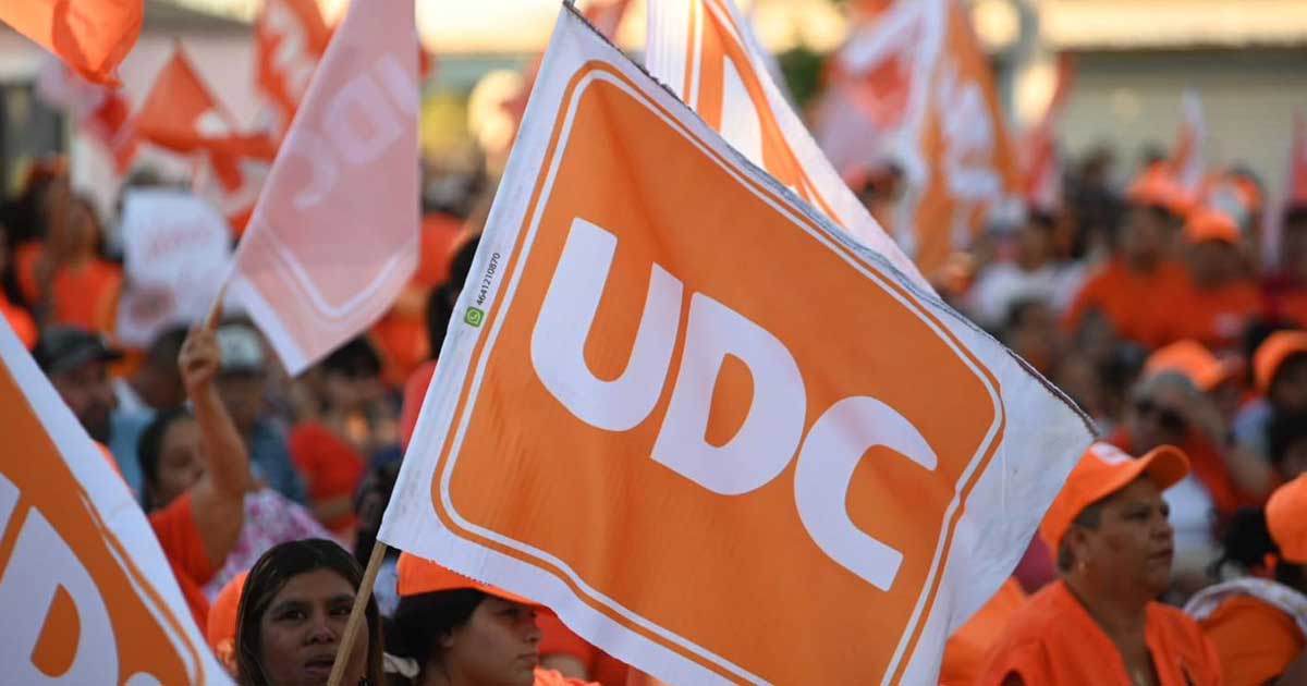 Bandera de UDC entre una multitud.