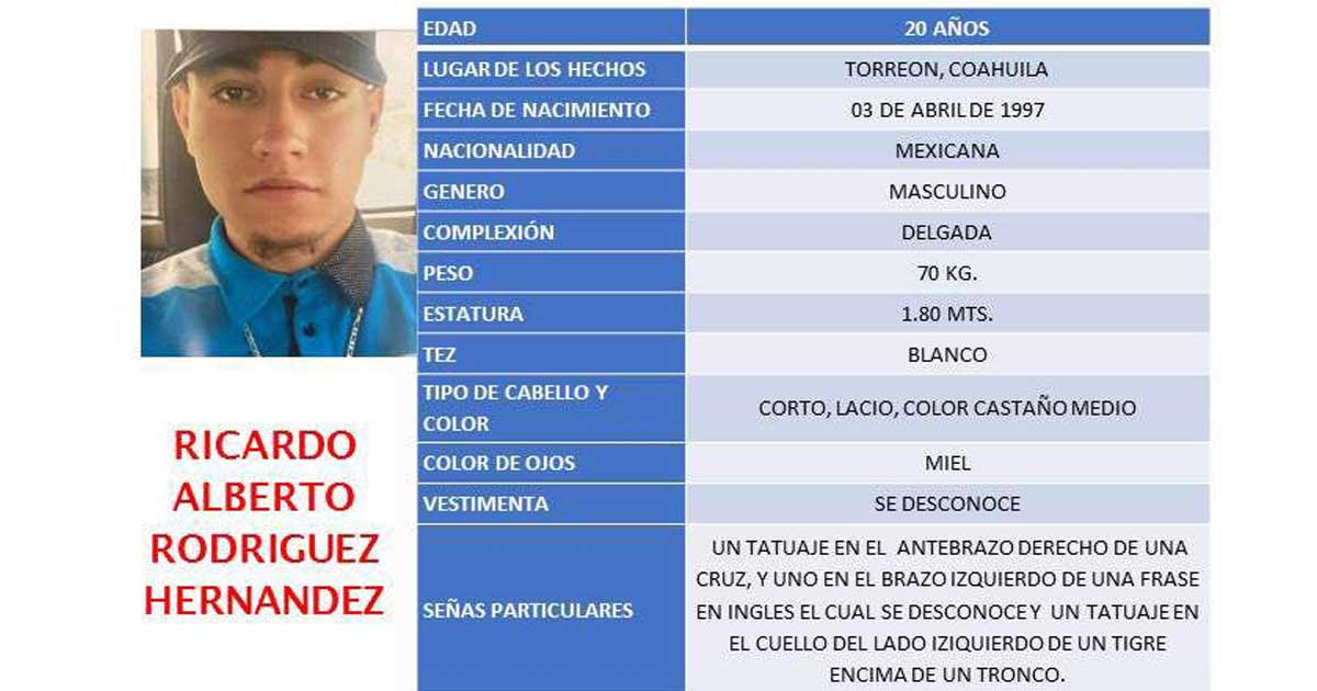 Ficha de búsqueda joven desaparecido en Torreón.